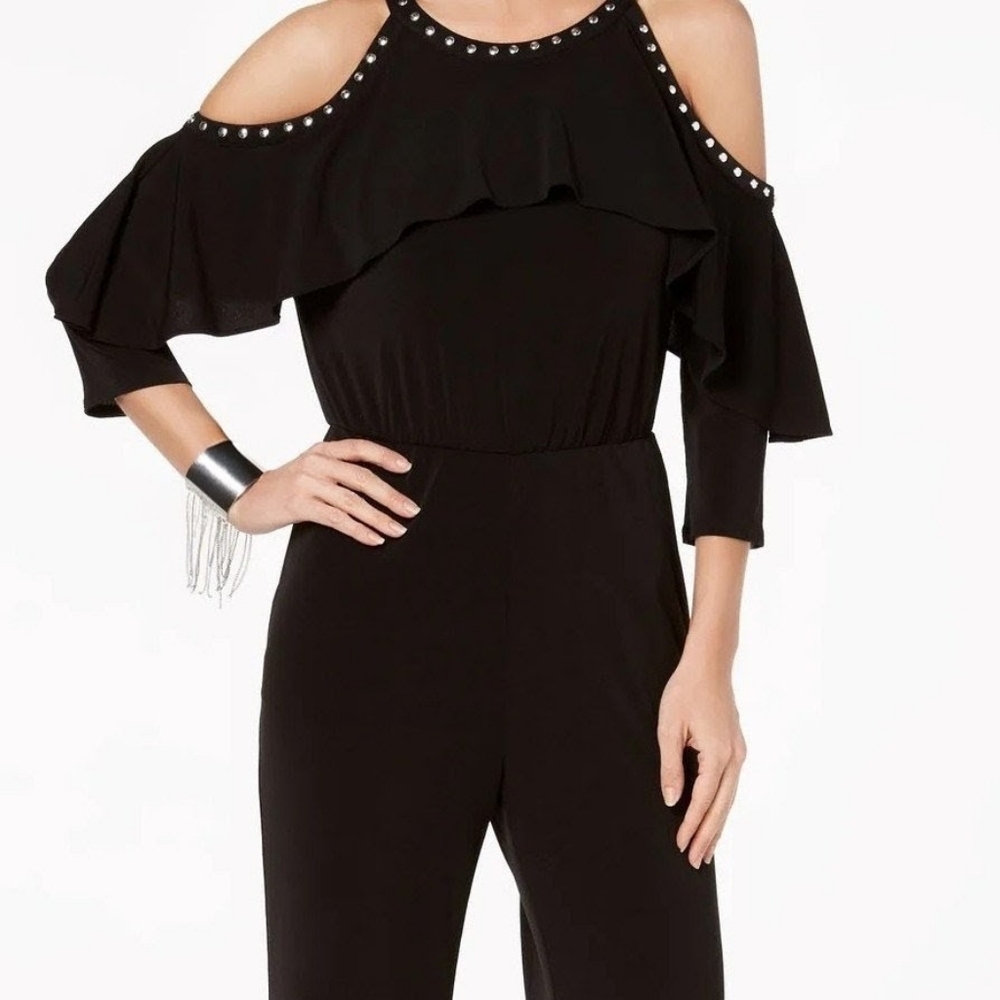 Thalia Sodi Black Studded Cold-Shoulder Jumpsuit